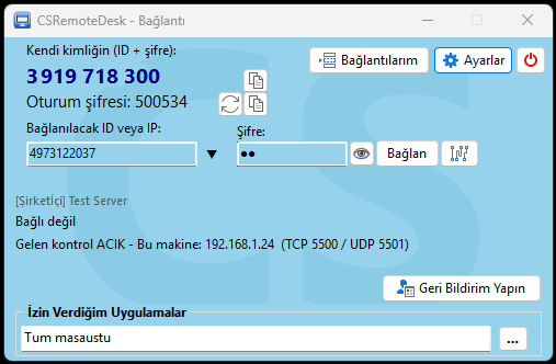 CSRemoteDesk beta sürümünün kontrol paneli